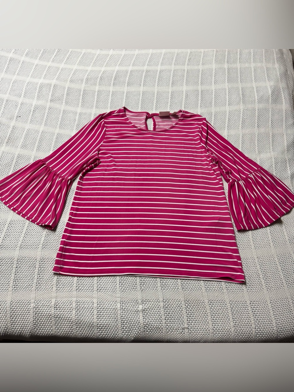 Chico's Pink and White Striped Top 3/4 Ruffled Sleeves